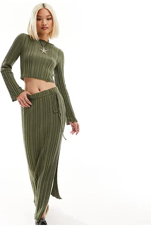 Reclaimed Ribbed knitted midi skirt with tie detail in khaki co-ord