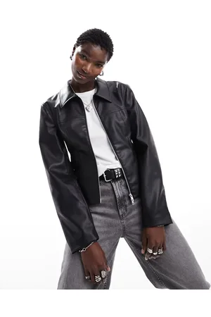 Monki Faux leather two way zipper short bomber jacket in