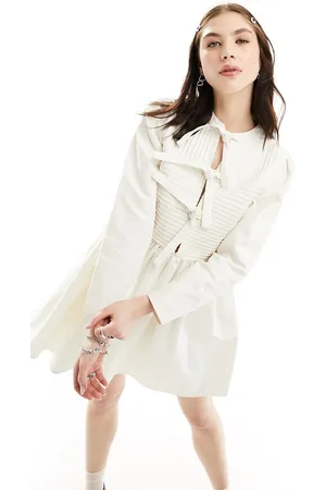 Ghospell Long sleeve bow mini smock dress in ivory