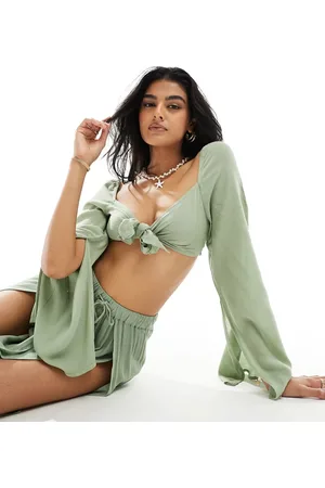 ASOS Tie front beach crop top in khaki