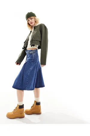 ASOS Denim pleated knee length skirt in midwash