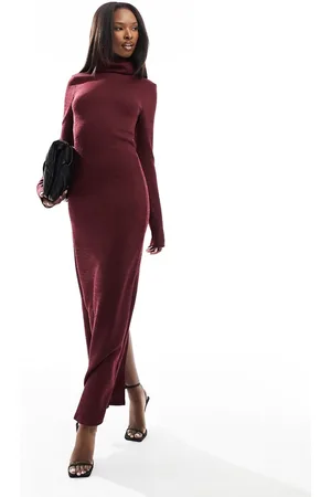 ASOS Premium rib roll neck midaxi dress in burgundy