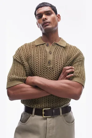 Topman Open knit crochet polo in khaki