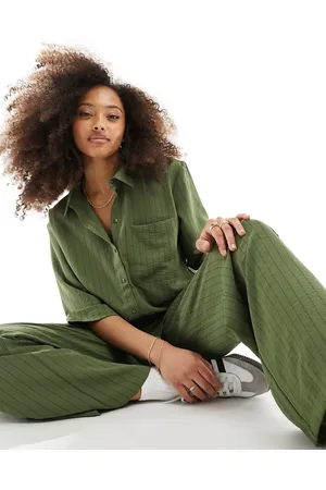 JDY Loose fit shirt co-ord in khaki stripe