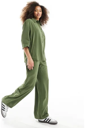JDY High waisted wide leg trouser co-ord in khaki stripe