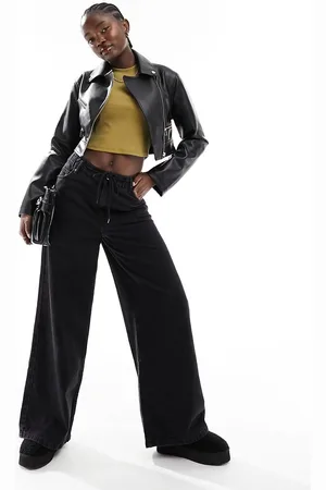 ASOS Super cropped faux leather jacket with gold detailing in