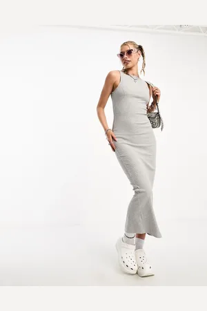 COLLUSION Slash neck ribbed maxi dress in grey marl