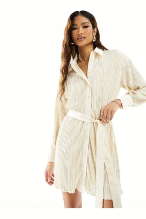 In The Style Belted plisse shirt dress in cream
