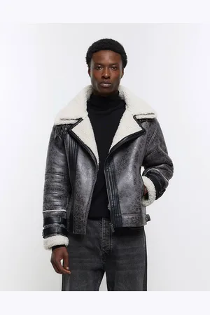 River Island Crackle faux shearling aviator jacket in