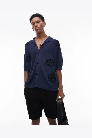 Topman Knitted floral embroidered revere shirt in