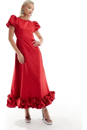 Sister Jane Bow embossed puff sleeve ruffle hem midaxi dress in