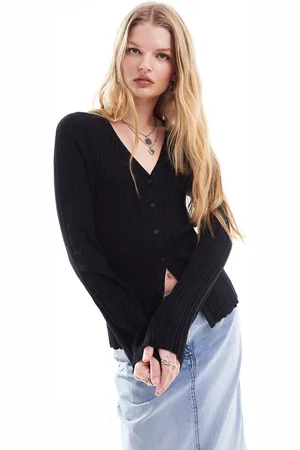 Monki Long sleeve rib knit cardigan with trumpet sleeves in charcoal