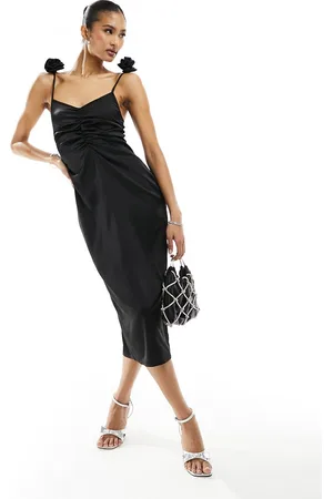 In The Style Satin ruched midi dress with corsage strap detail in