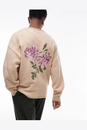 Topman Floral embroidered cardigan in stone