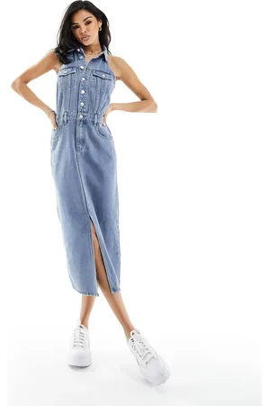In The Style Denim halterneck button through dress in