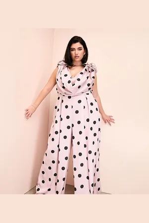 ASOS Curve satin corsage plunge neck wide leg jumpsuit in spot print