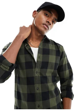 JACK & JONES Essentials buffalo check shirt in khaki & black