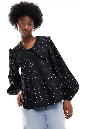 Monki Long sleeve collar blouse in black and white polka dot print