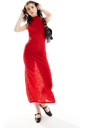 Ghospell High neck textured sheer midi dress in