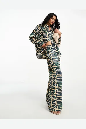 SELECTED Femme satin shirt co-ord in neutral and teal abstract print
