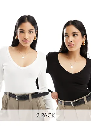 Stradivarius Ribbed v-neck long sleeve top 2 pack in ecru & black