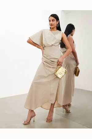 ASOS Washed one shoulder midaxi dress with ruched detail in beige