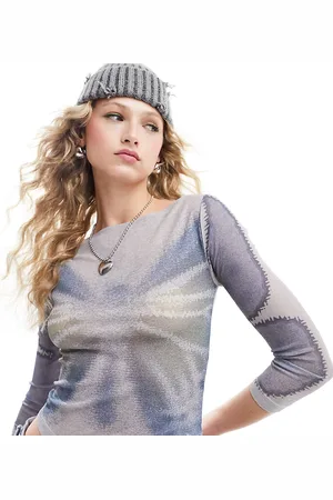 Reclaimed Mesh slash neck top in blurred butterfly print