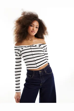 Pull&Bear Off shoulder long sleeved top in & white stripe
