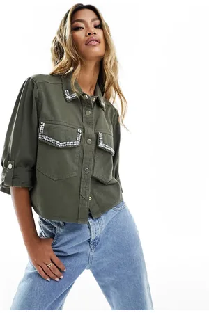 River Island Roll sleeve embellished denim shirt in khaki