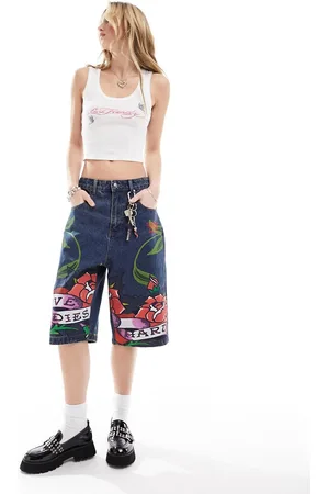 ED HARDY Relaxed skater longline denim shorts with peachy bum print