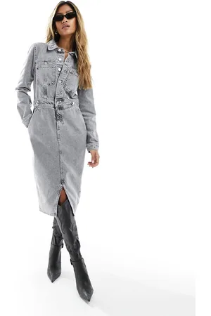 River Island Long sleeve button front denim midi dress in