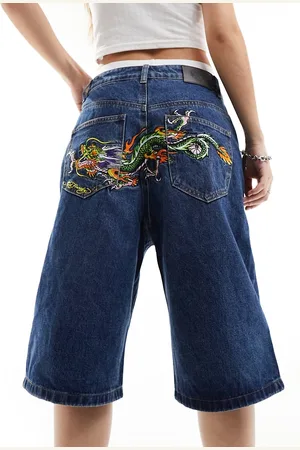 ED HARDY Relaxed longline denim shorts with dragon bum in indigo