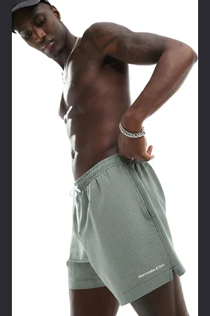 Abercrombie & Fitch Logo 5in pull on stripe seersucker swim shorts in olive