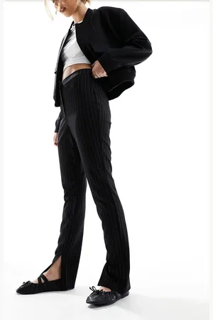 4th & Reckless High waisted split leg flared trousers in black pinstripe