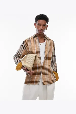 Topman Long sleeve relaxed textured checked shirt in orange and black check