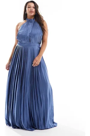 TFNC Bridesmaid satin pleated halterneck maxi dress with full skirt in aster