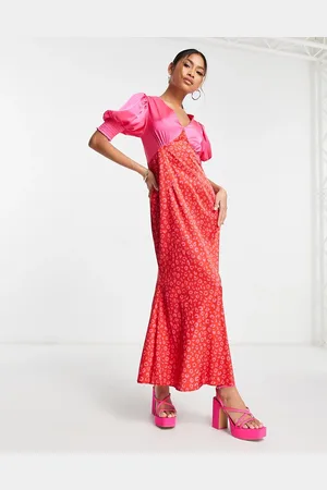 Never Fully Dressed Puff sleeve contrast maxi dress in pink and