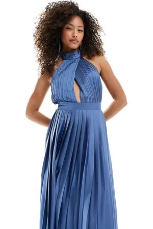 TFNC Bridesmaid satin pleated halterneck maxi dress with full skirt in aster