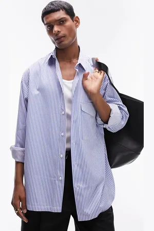 Topman Long sleeve oversized one pocket striped shirt in