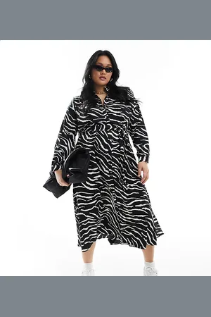 Pieces Pieces Curve tie waist midi shirt dress in black & white zebra print