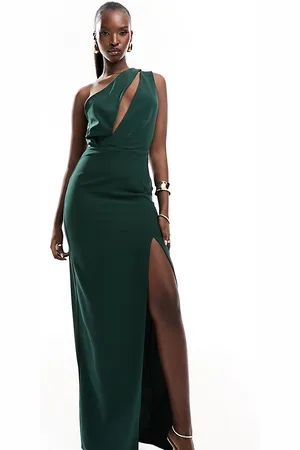 Vesper Exclusive one shoulder cut out detail front spilt maxi dress in forest