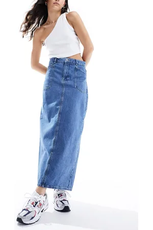 Object Denim maxi skirt with double waistband in mid wash