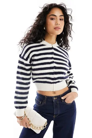 MANGO Zip through stripe cardigan in and white