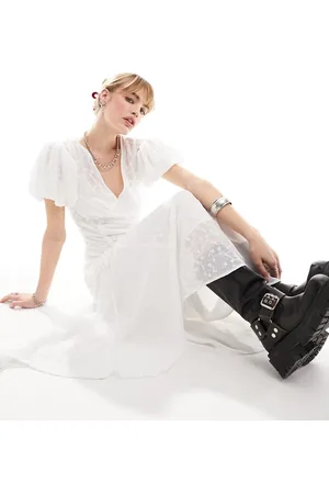 Reclaimed Embroidered tea maxi dress with ruched detail in white