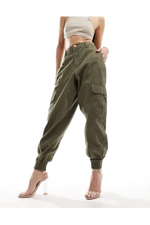 River Island Cuffed hem belted cargo trouser in khaki