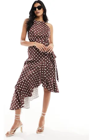 Style Cheat Halter neck cami midi dress with tie waist in brown spot