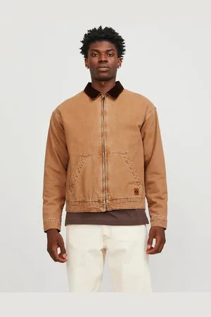 JACK & JONES Denim worker jacket with cord collar in tan