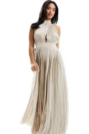 TFNC Bridesmaid satin pleated halterneck maxi dress with full skirt in champagne