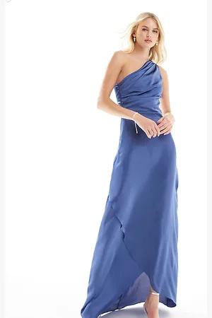 TFNC Bridesmaid satin one shoulder maxi dress with wrap skirt in aster