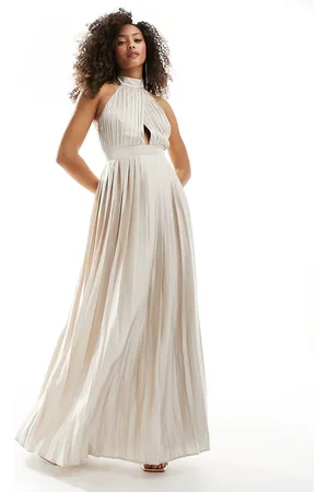 TFNC Bridesmaid satin pleated halterneck maxi dress with full skirt in champagne
